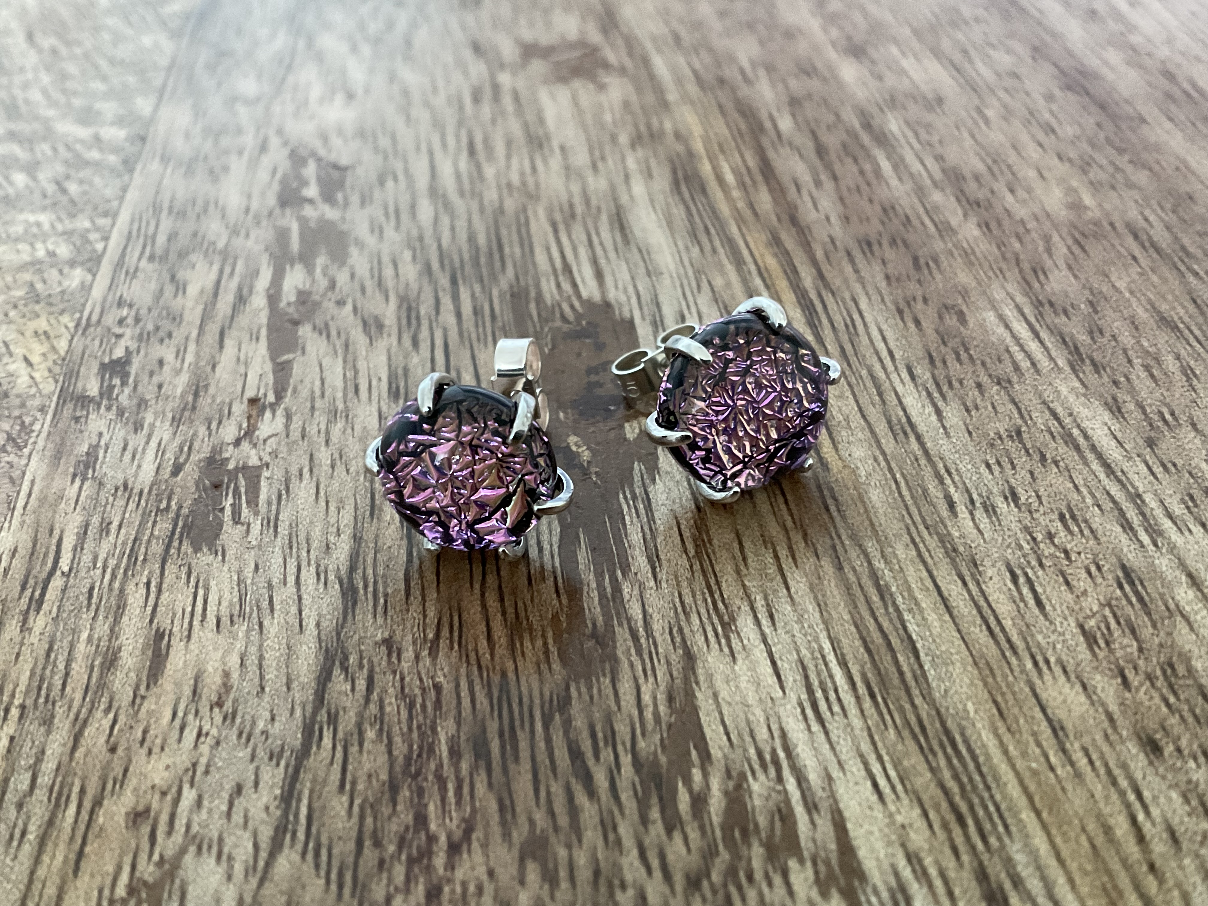Pink Cracklized Dichroic Fused Glass Stud Earrings